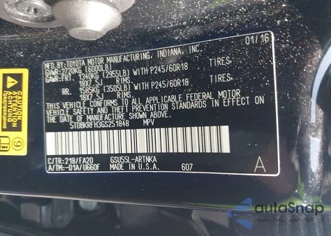 2016 Toyota Highlander Le Plus V6 из США, поврежденный, VIN 5TDBKRFH3GS251848